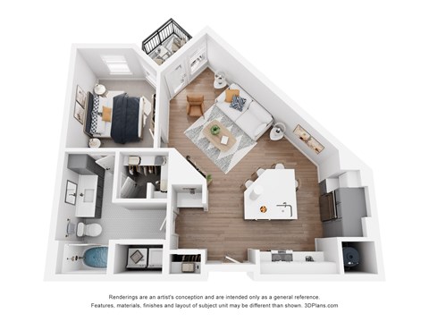 Floor plan for 1 bed, 1 bath, 738 sqft
